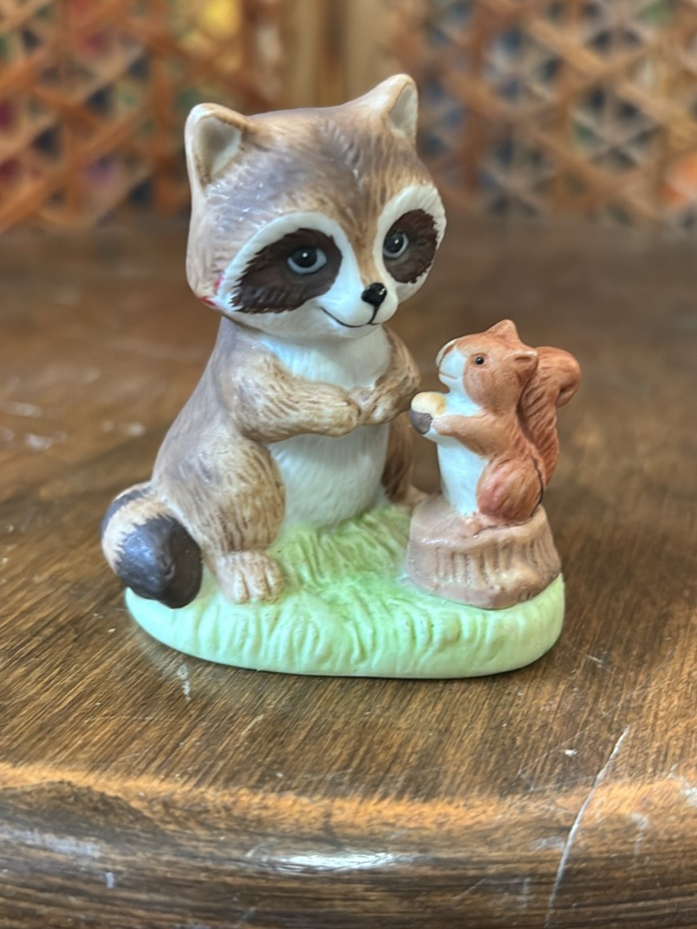 Homco Brown and Cream Raccoon with Orange Squirrel Figurine